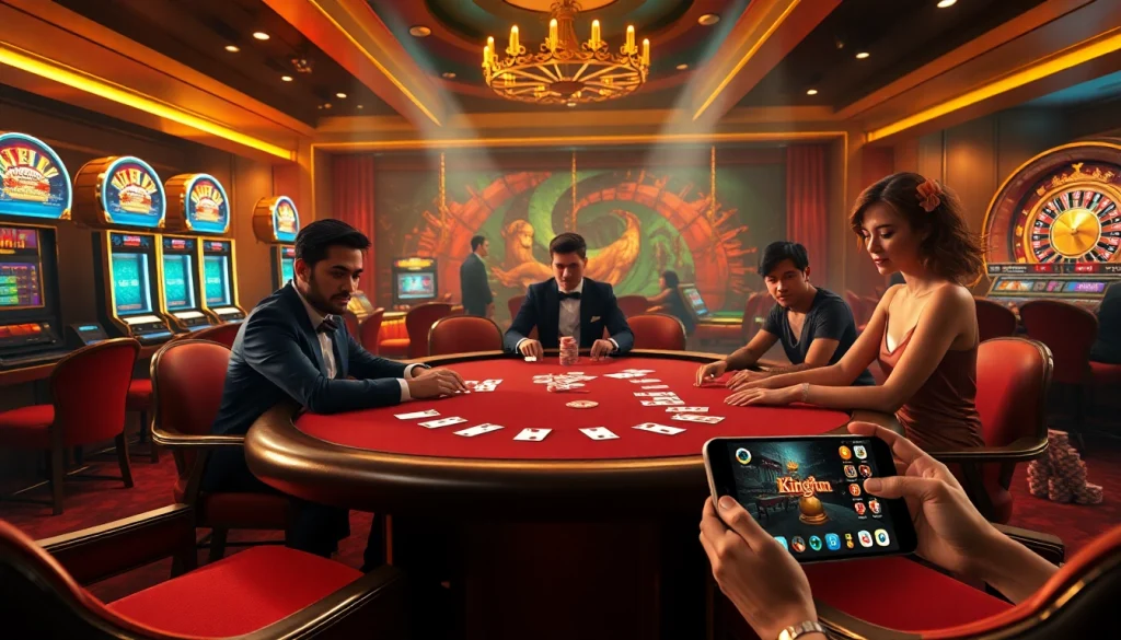 Experience the thrill of gaming with tải Kingfun, featuring vibrant casino action, poker tables, and engaging players.